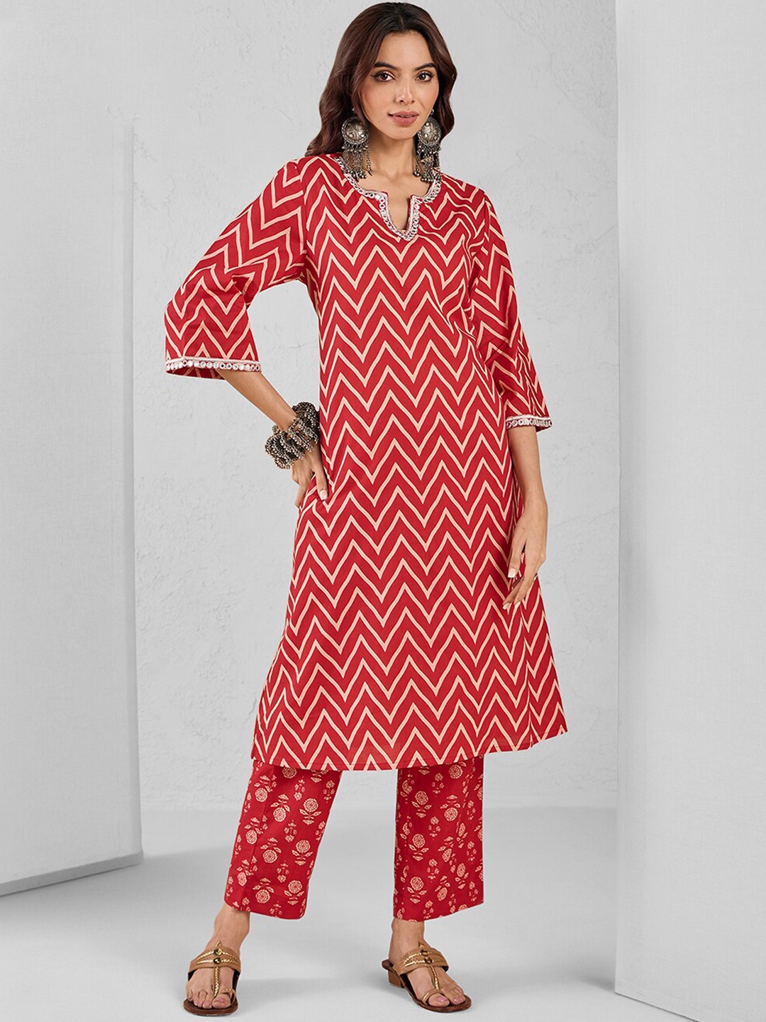 

Likha Geometric Printed Mirror Work Pure Cotton Kurta with Trousers, Red