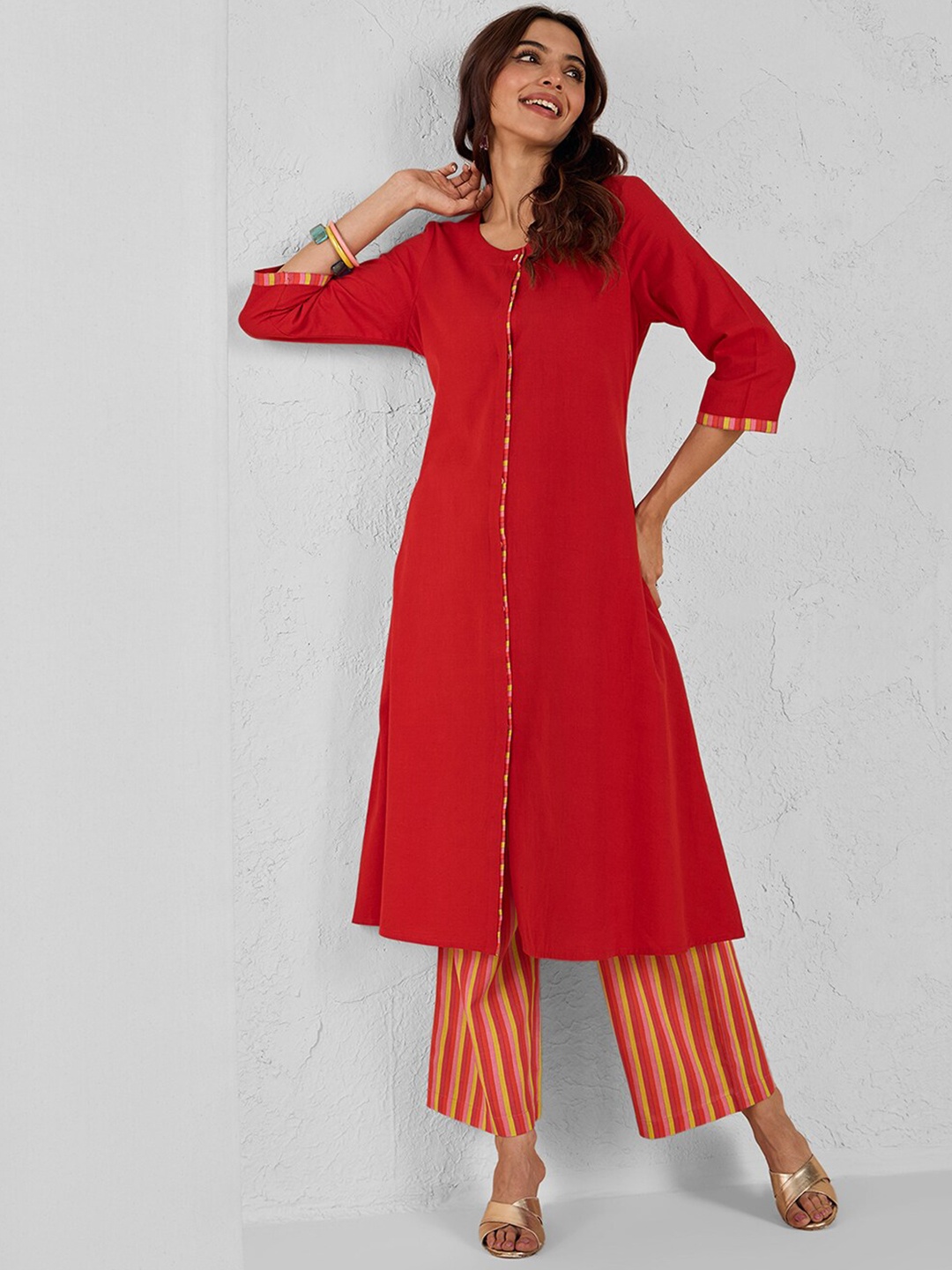 

Likha Round Neck Pure Cotton A-Line Kurta with Trousers, Red