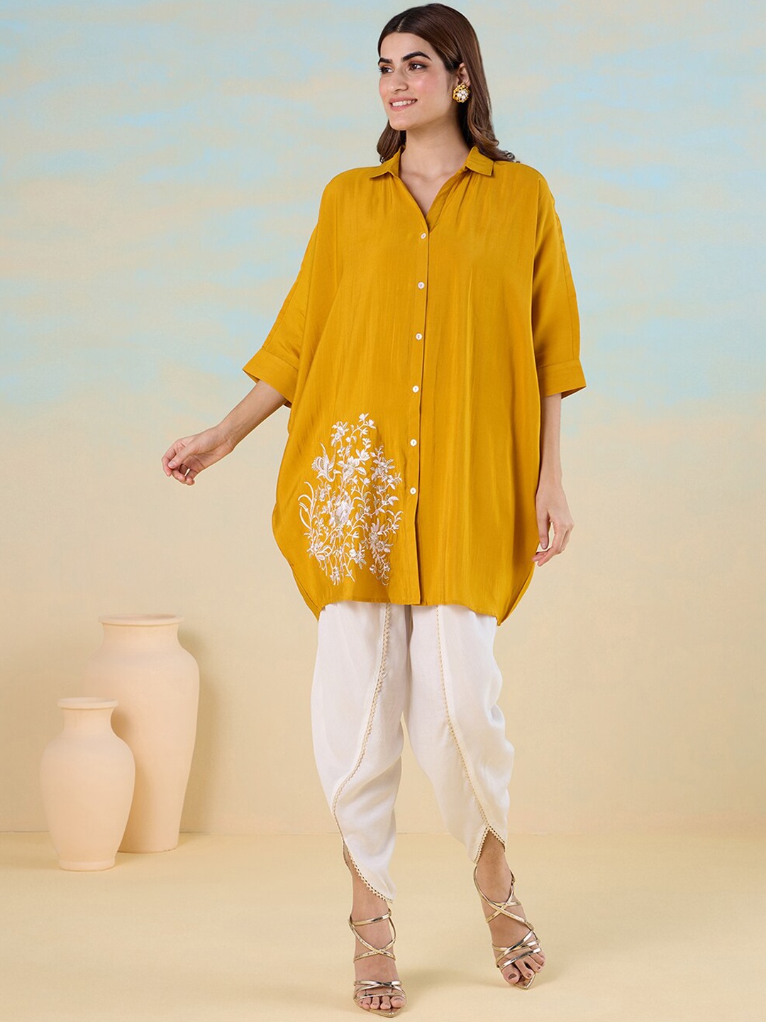 

Likha Floral Embroidered Shirt Collar Kurta with Dhoti Pants, Yellow