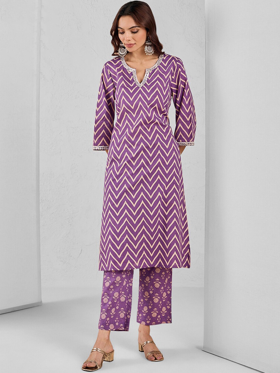 

Likha Geometric Printed Mirror Work Straight Pure Cotton Kurta with Trousers, Purple