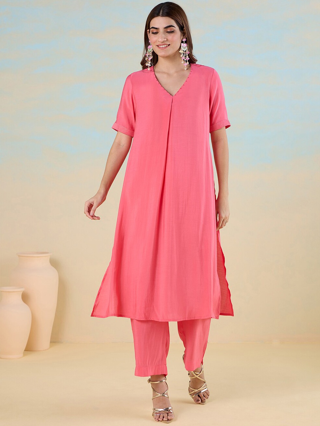 

Likha V Neck Regular A Line Kurta With Trouser, Pink