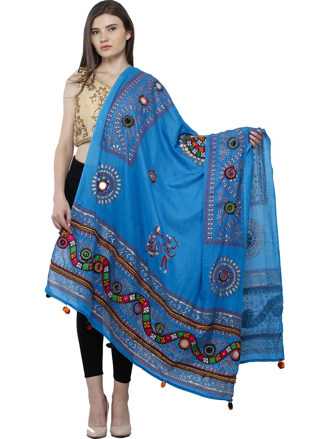 

Exotic India Ethnic Motifs Embroidered Mirror Work Pure Cotton Dupatta, Blue