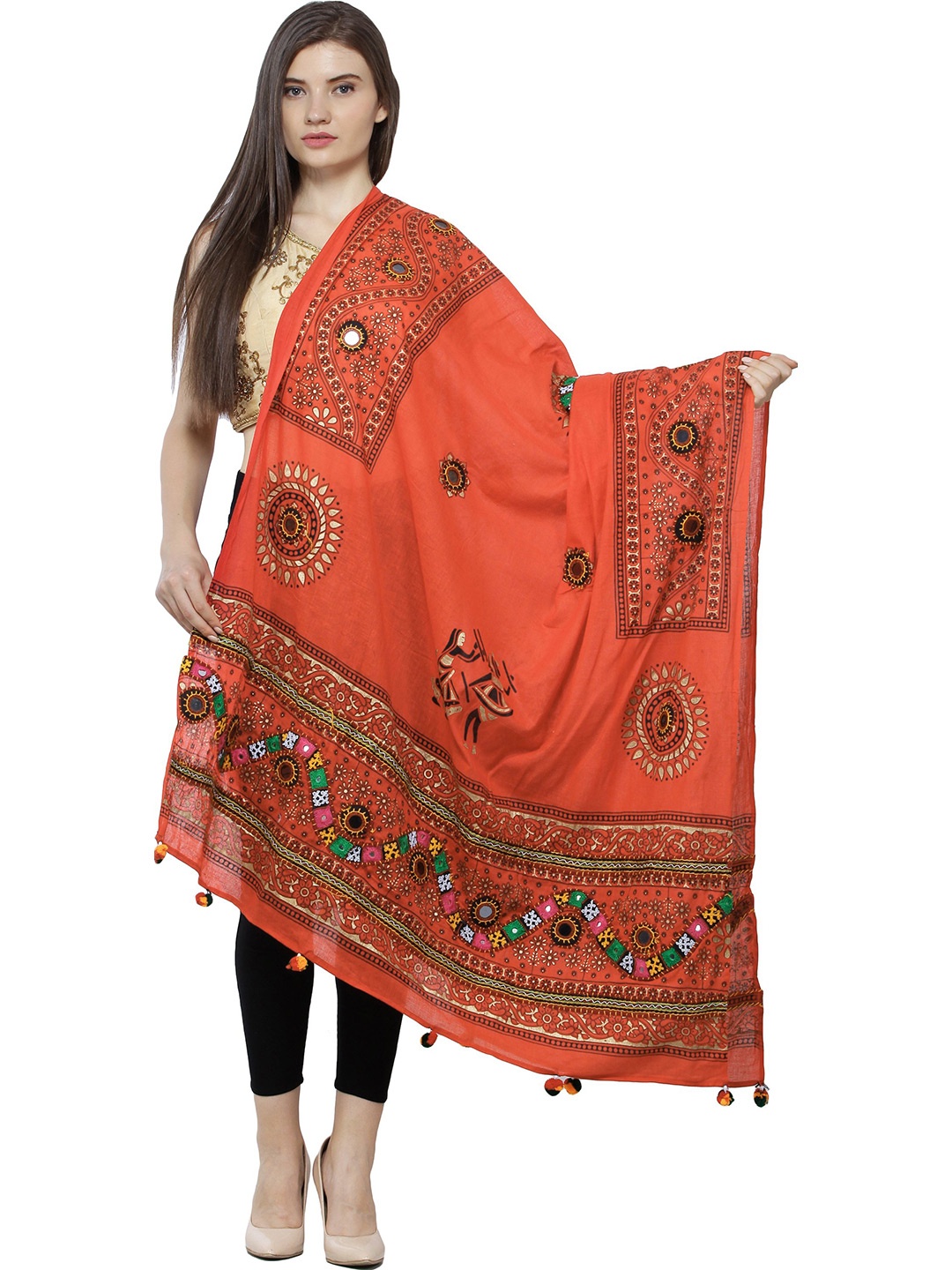 

Exotic India Ethnic Motifs Printed Pure Cotton Dupatta with Mirror Work, Orange