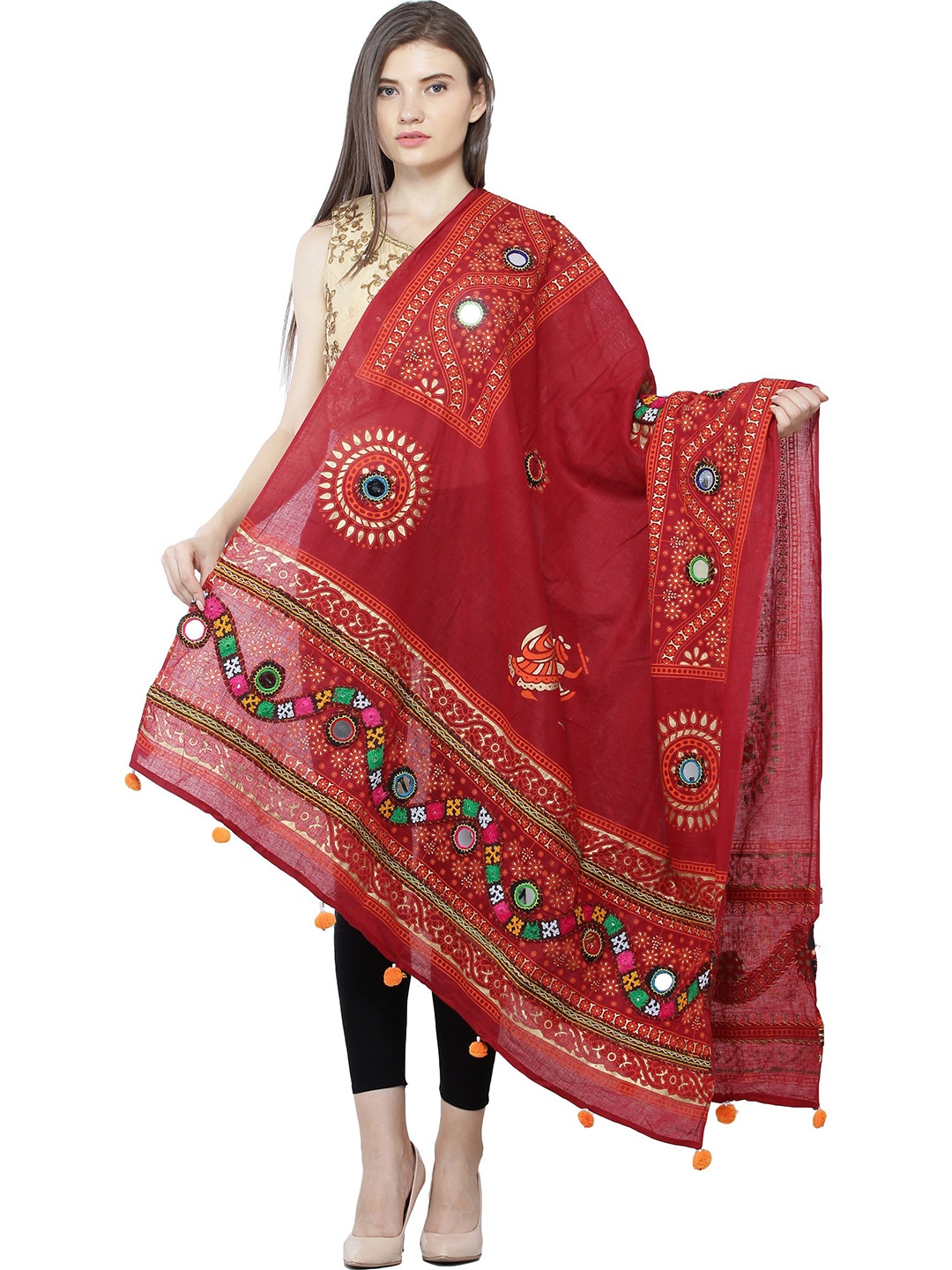 

Exotic India Ethnic Motifs Printed Pure Cotton Dupatta with Mirror Work, Brown