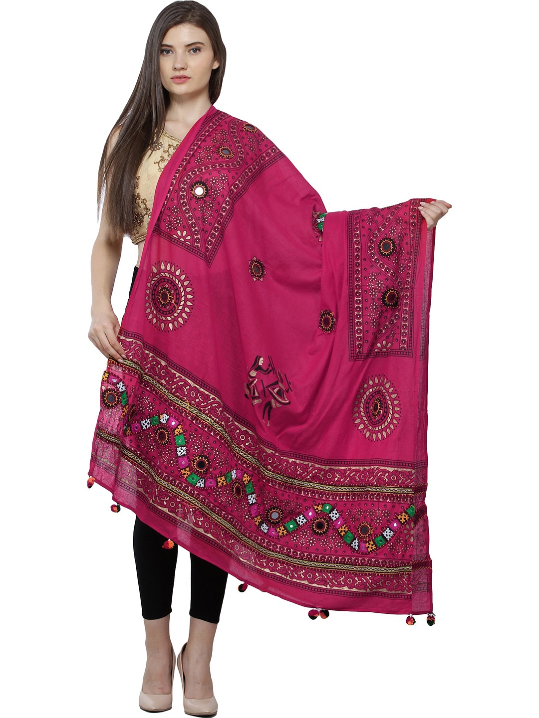 

Exotic India Ethnic Motifs Embroidered Mirror Work Pure Cotton Dupatta, Fuchsia
