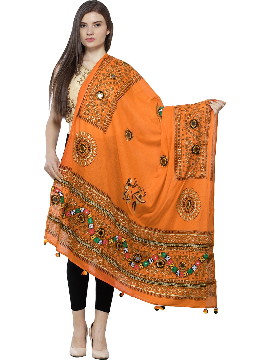 

Exotic India Ethnic Motifs Embroidered Mirror Work Pure Cotton Dupatta, Orange