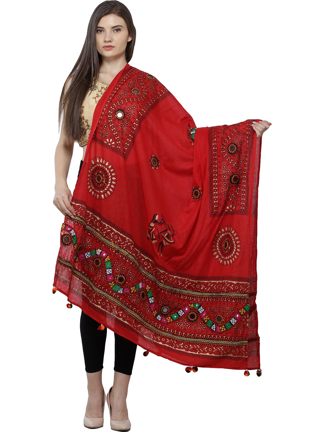 

Exotic India Ethnic Motifs Printed Pure Cotton Dupatta with Mirror Work, Red