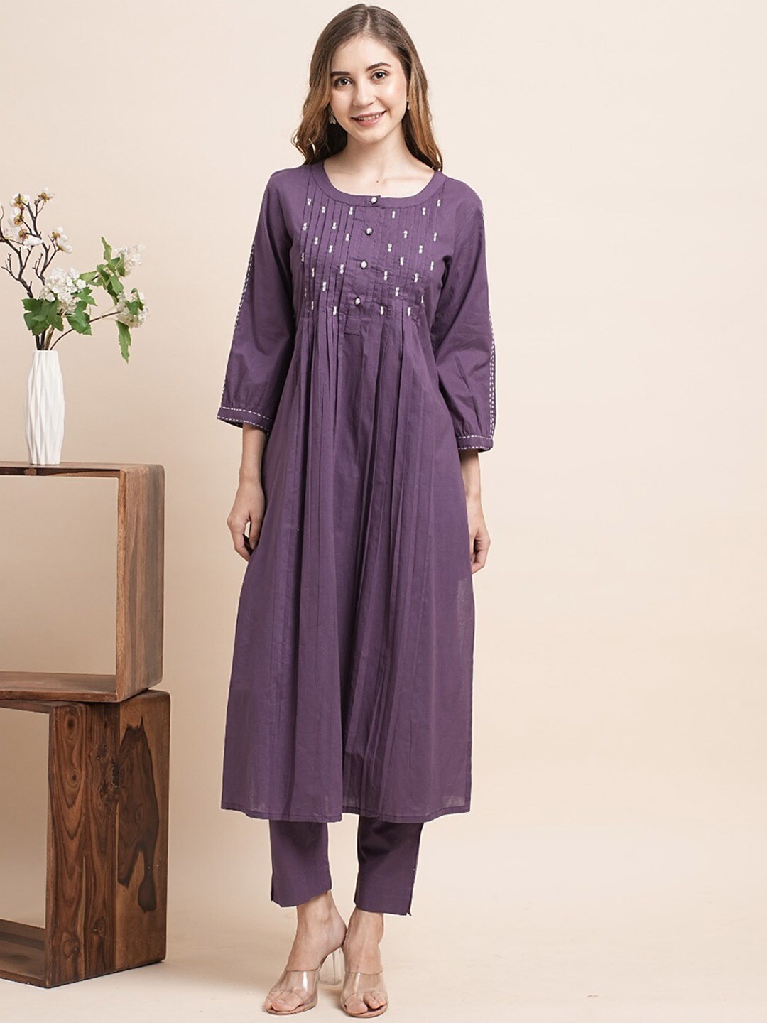 

KALINI Embroidered Pure Cotton Top With Trousers Co-Ords, Purple