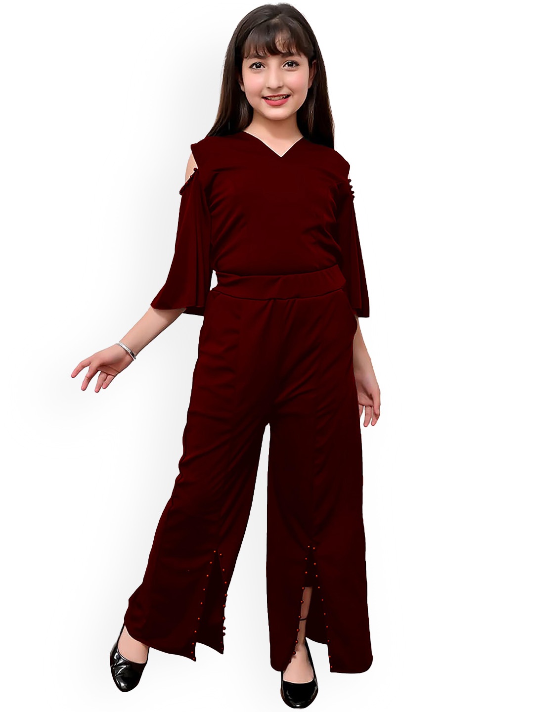 

FELLAMO Embellished V-Neck Three-Quarter Sleeves Cotton Top With Palazzos, Maroon