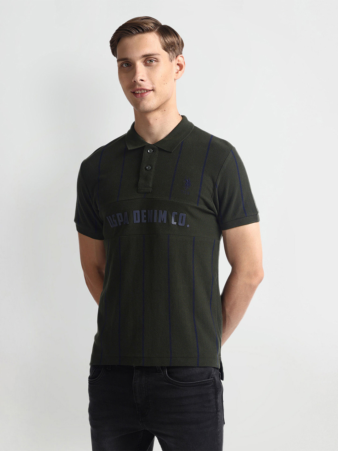 

U.S. Polo Assn. Denim Co. Striped Polo Collar Slim Fit Cotton T-shirt, Green
