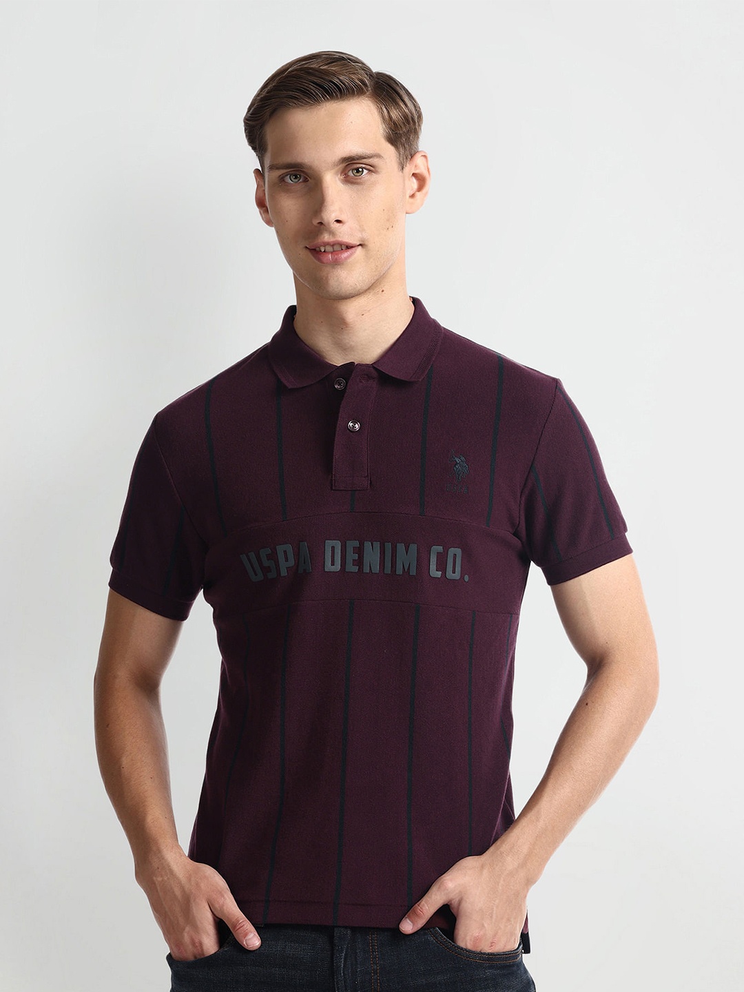 

U.S. Polo Assn. Denim Co. Striped Polo Collar Slim Fit Cotton T-shirt, Red