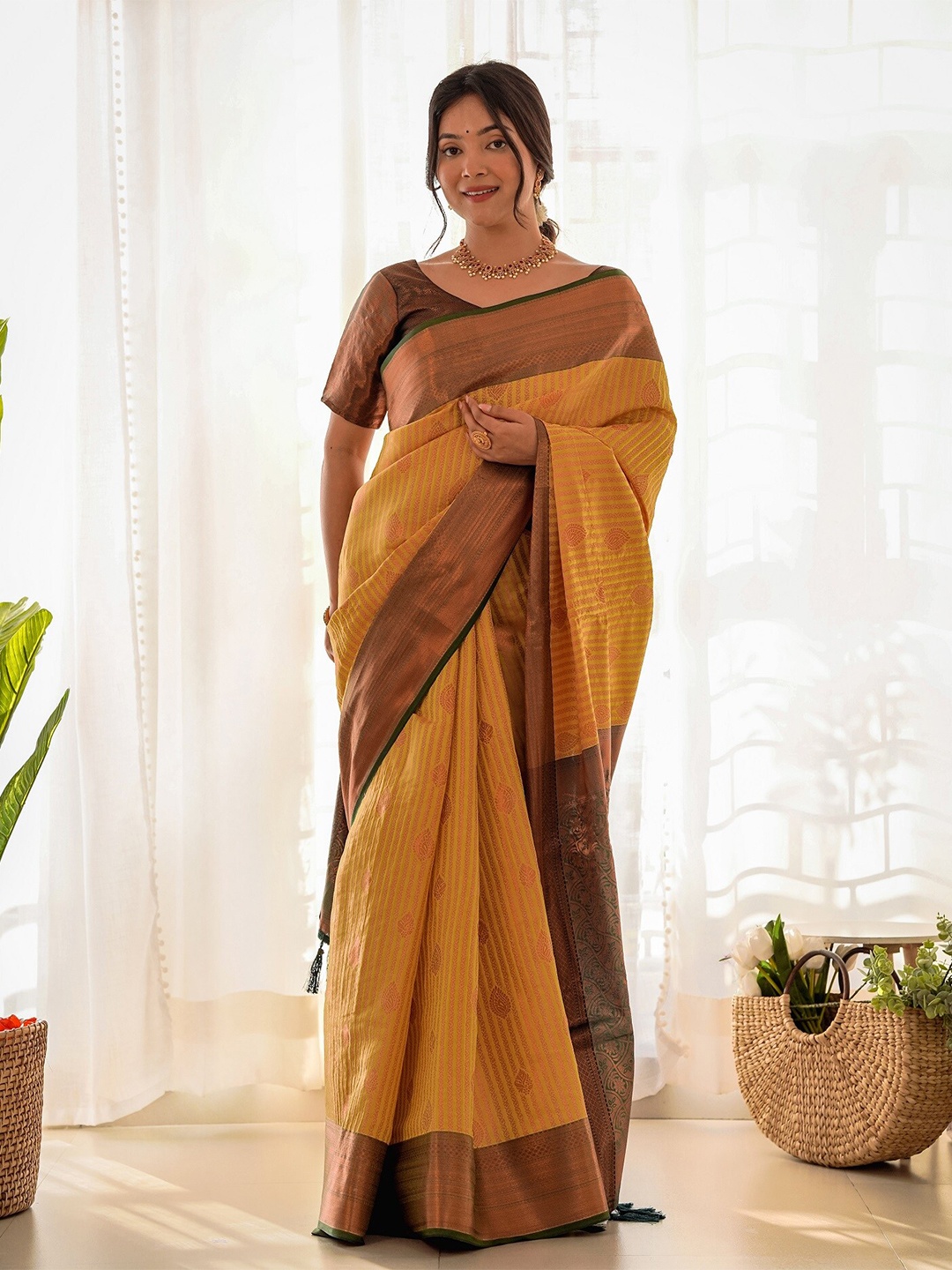 

Anouk Ethnic Motifs Woven Design Zari Kanjeevaram Saree, Mustard