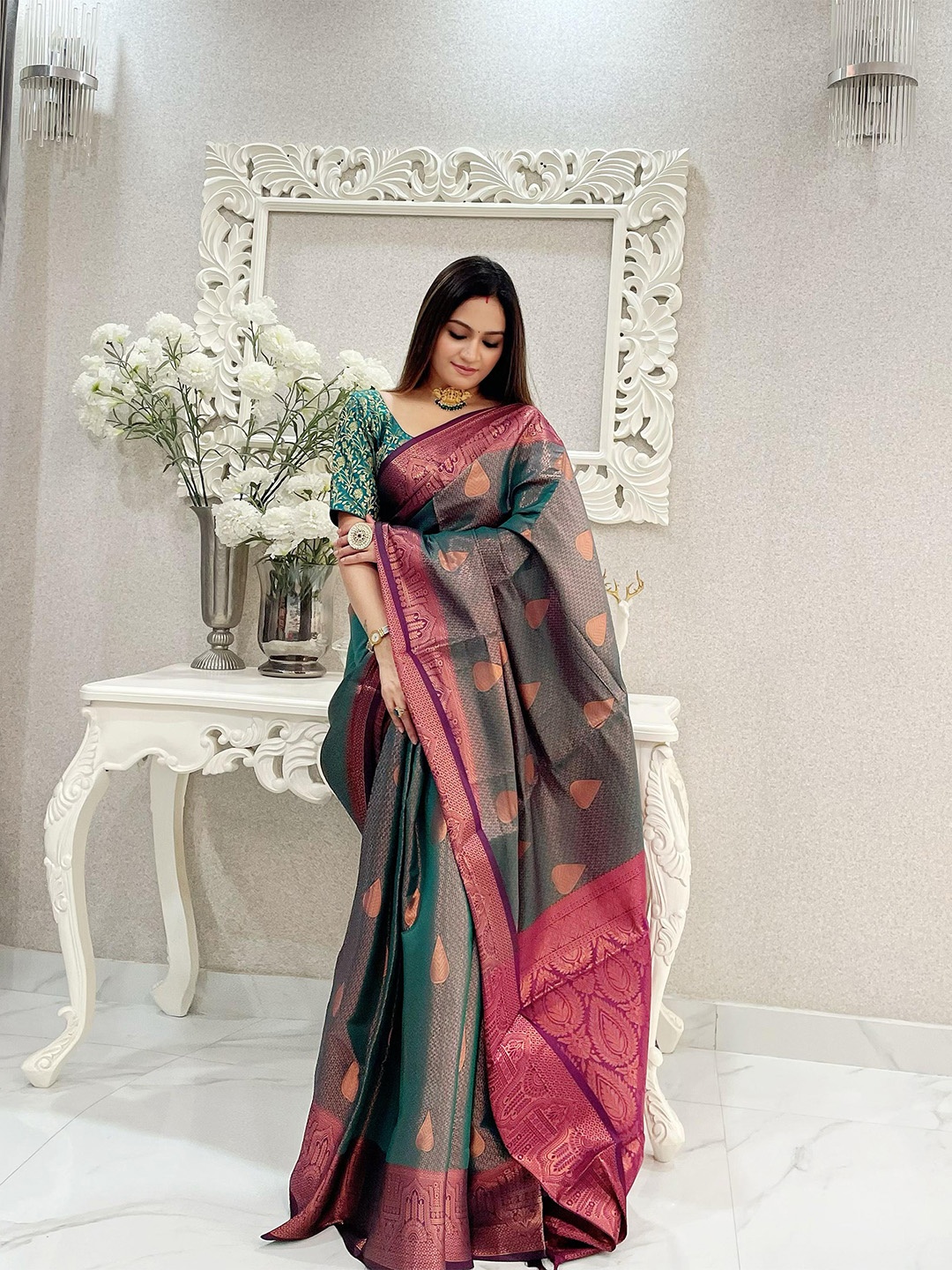 

Anouk Floral Woven Design Zari Kanjeevaram Saree, Green