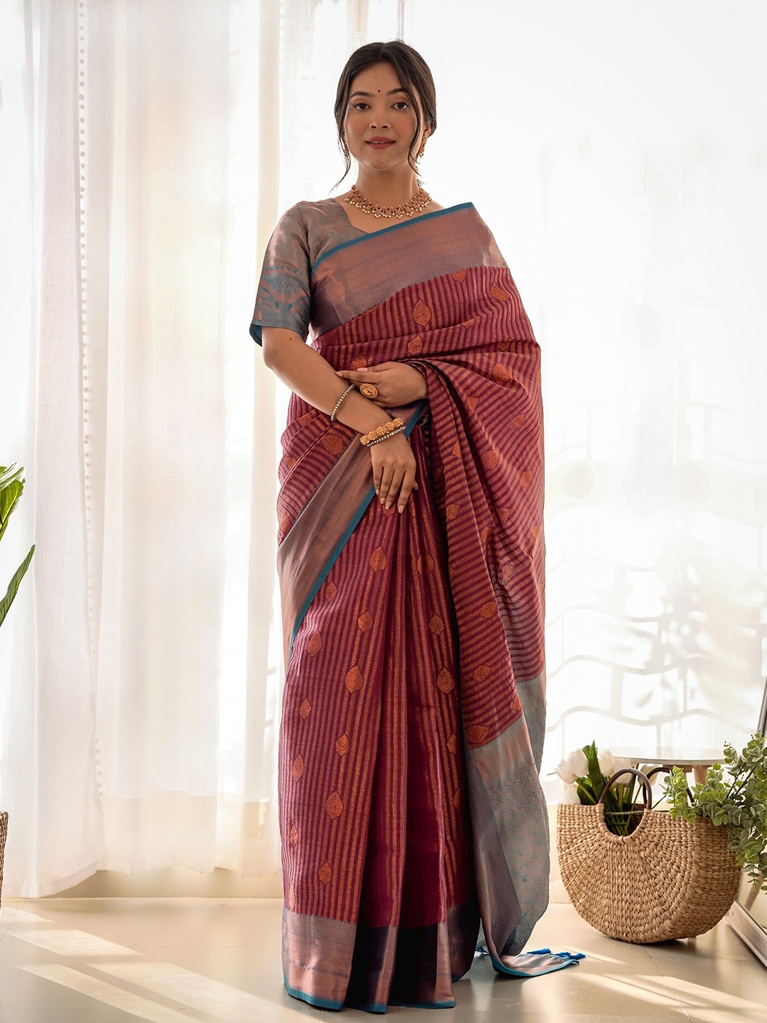 

Anouk Ethnic Motifs Woven Design Zari Kanjeevaram Saree, Burgundy