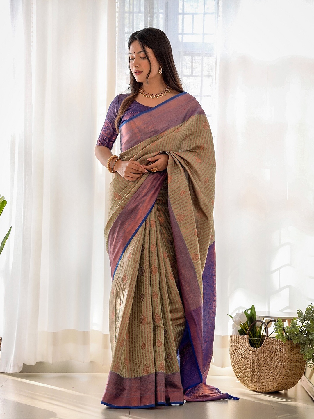 

Anouk Ethnic Motifs Woven Design Zari Kanjeevaram Saree, Khaki