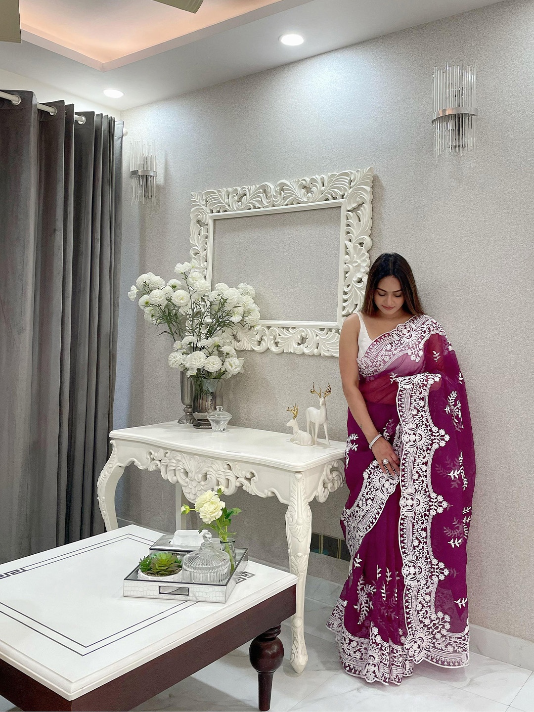Anouk Floral Embroidered Organza Saree, Burgundy