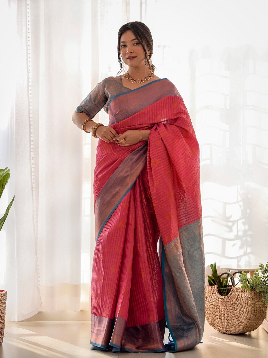 

Anouk Pink Ethnic Motifs Woven Design Zari Kanjeevaram Saree