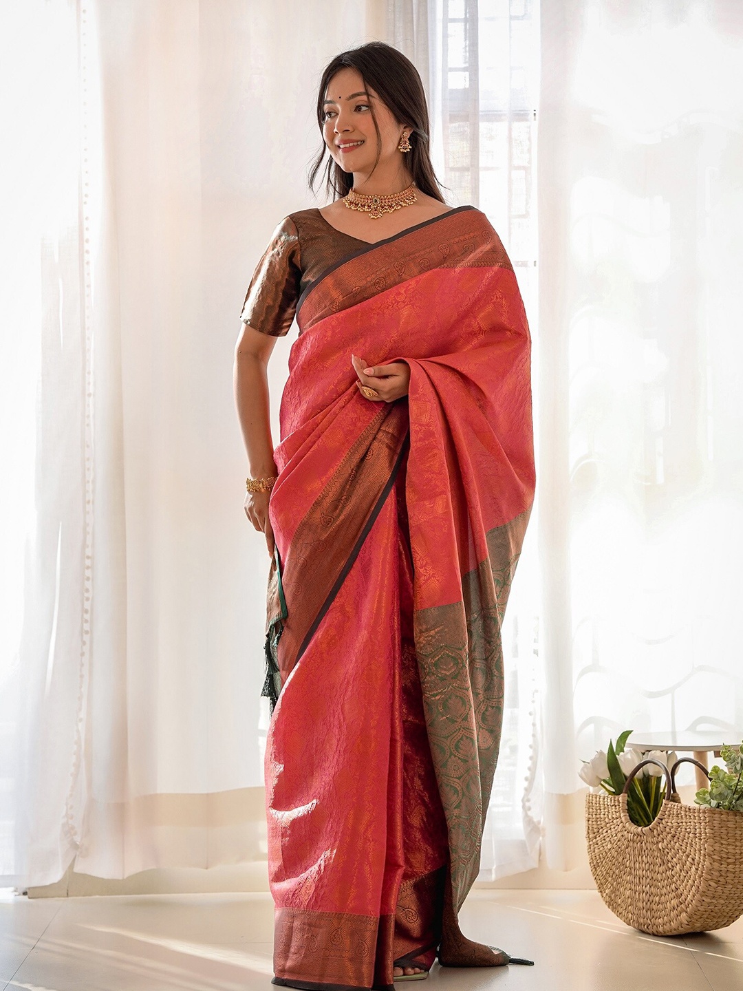 

Anouk Ethnic Motifs Woven Design Zari Kanjeevaram Saree, Peach