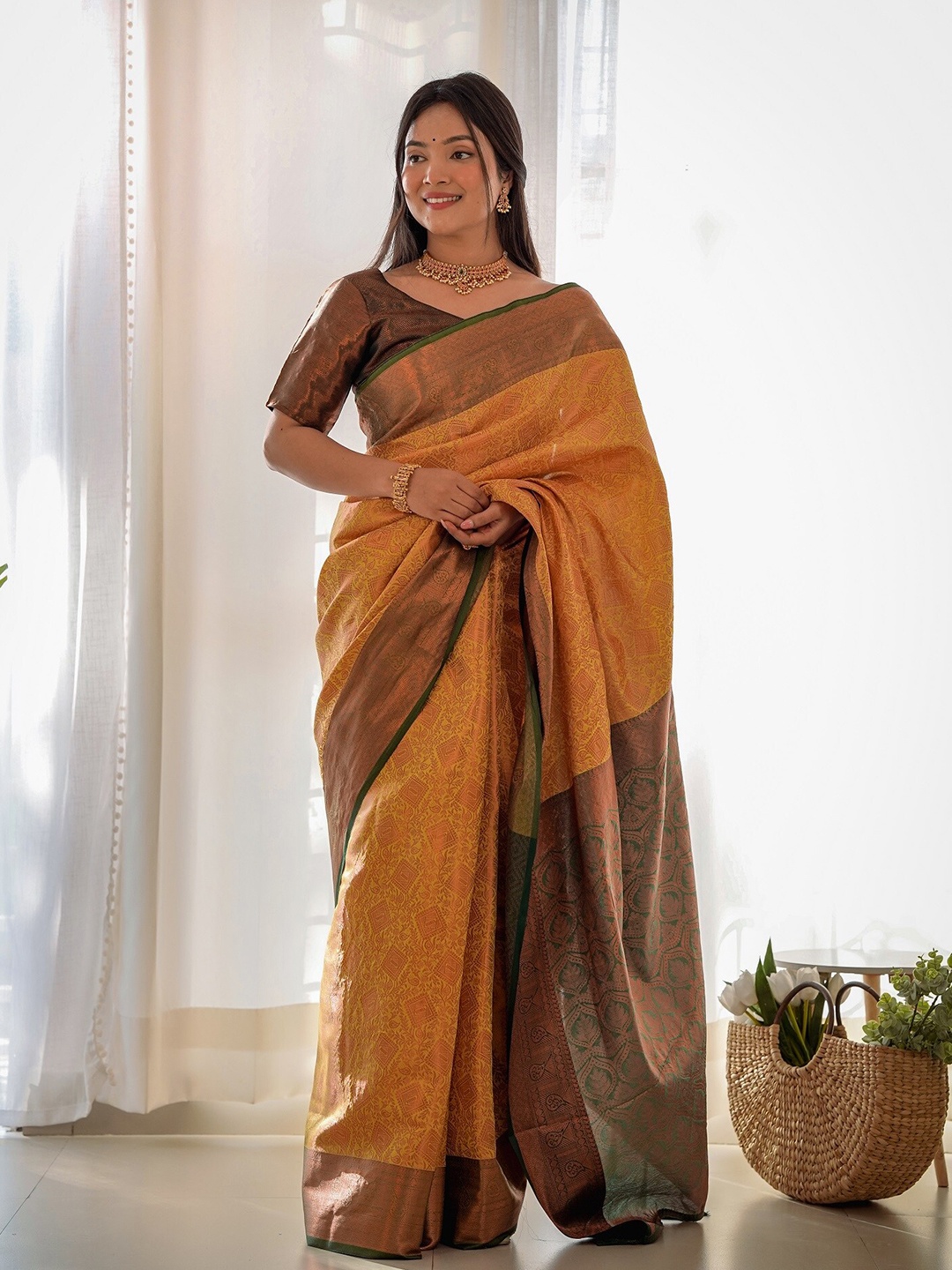 

Anouk Mustard Ethnic Motifs Woven Design Zari Kanjeevaram Saree