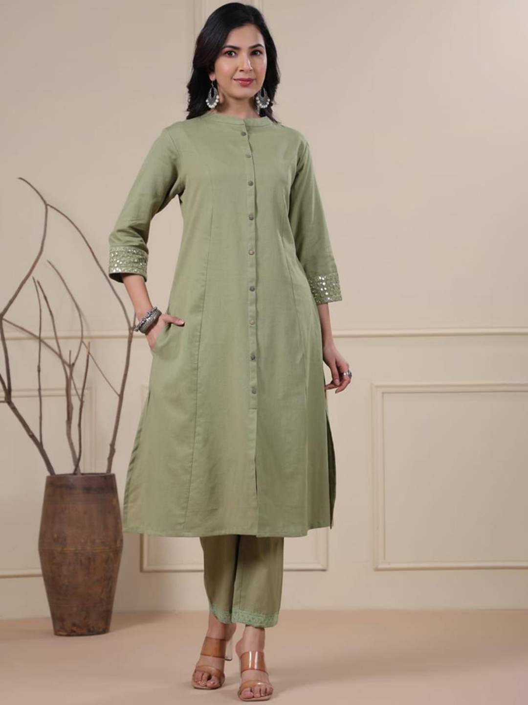 

KALINI Pure Cotton Tunic With Trousers Co-Ords, Olive