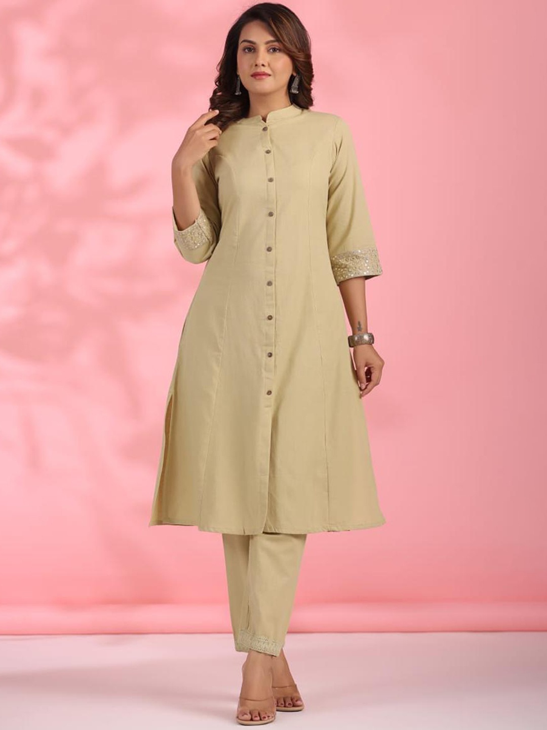 

KALINI Pure Cotton Mandarin Collar Top With Trousers Co-Ords, Beige