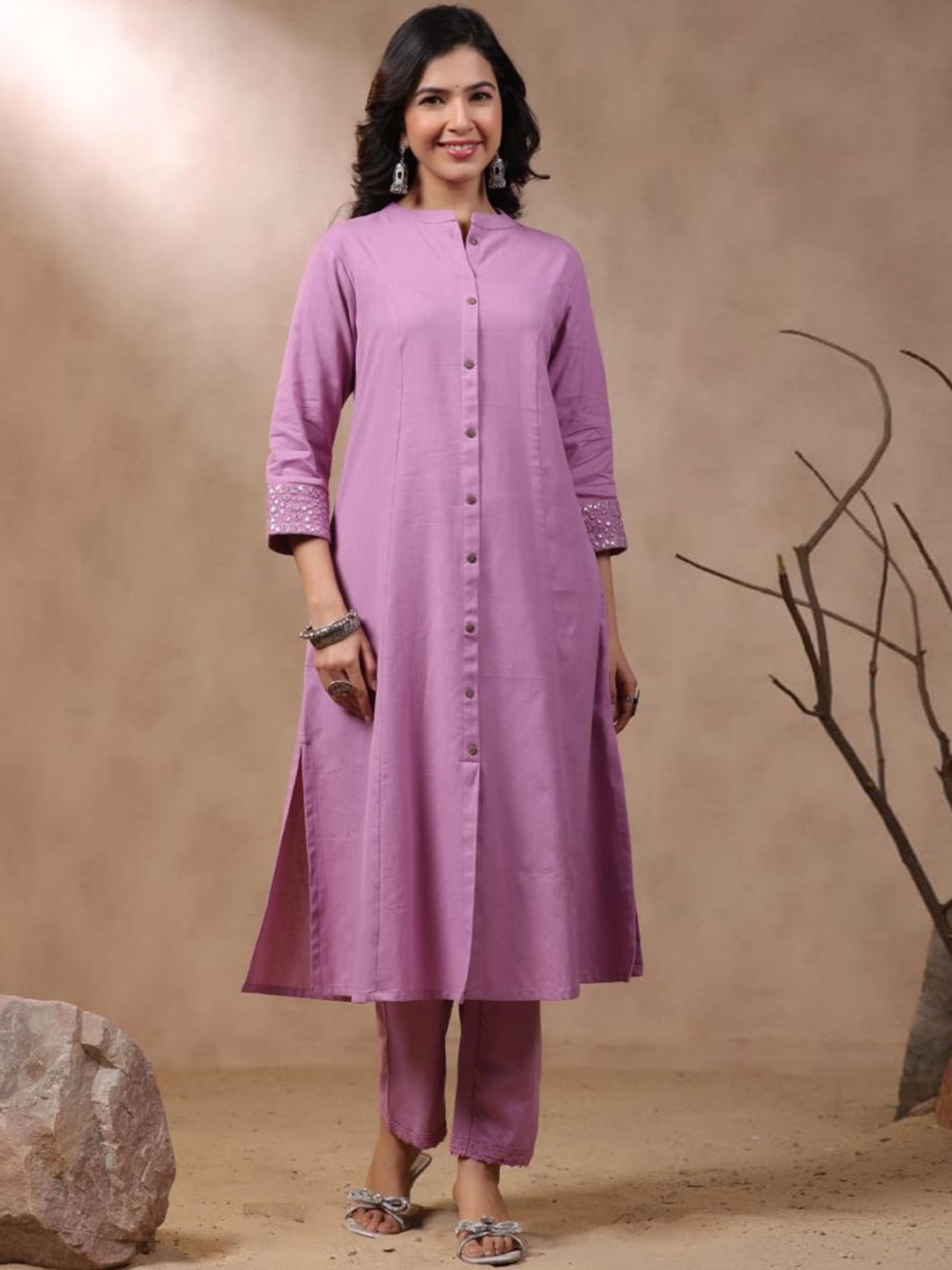 

KALINI Pure Cotton Mandarin Collar Tunic & Trousers Co-Ords, Lavender