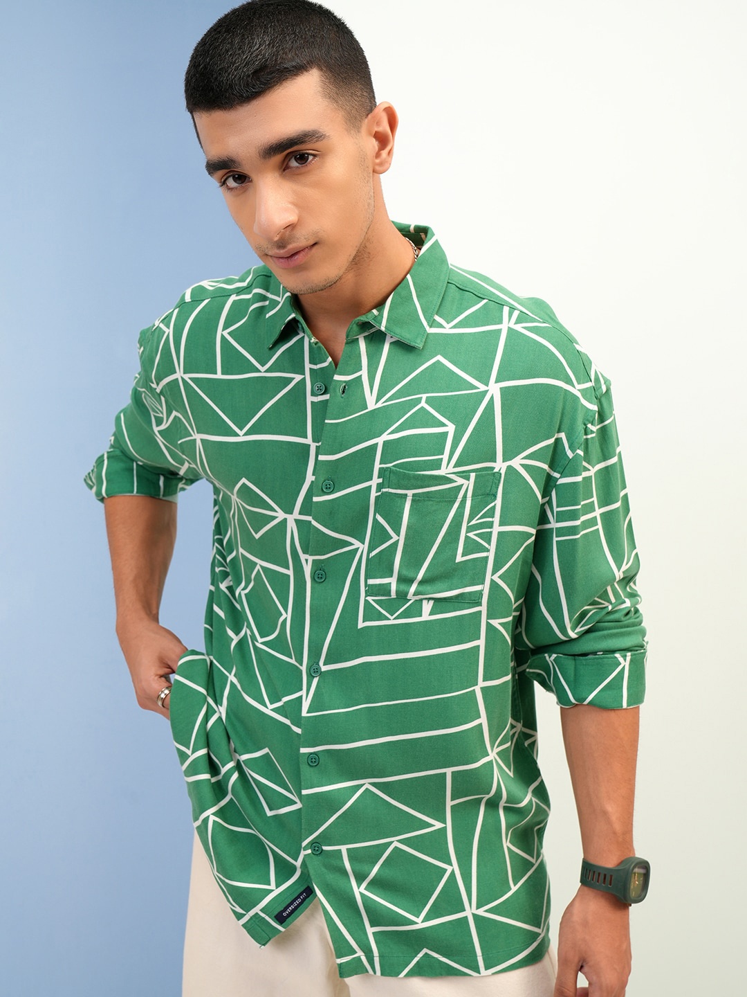 

KETCH Men All Over Printed Drop Shoulder Oversized Shirt, Green