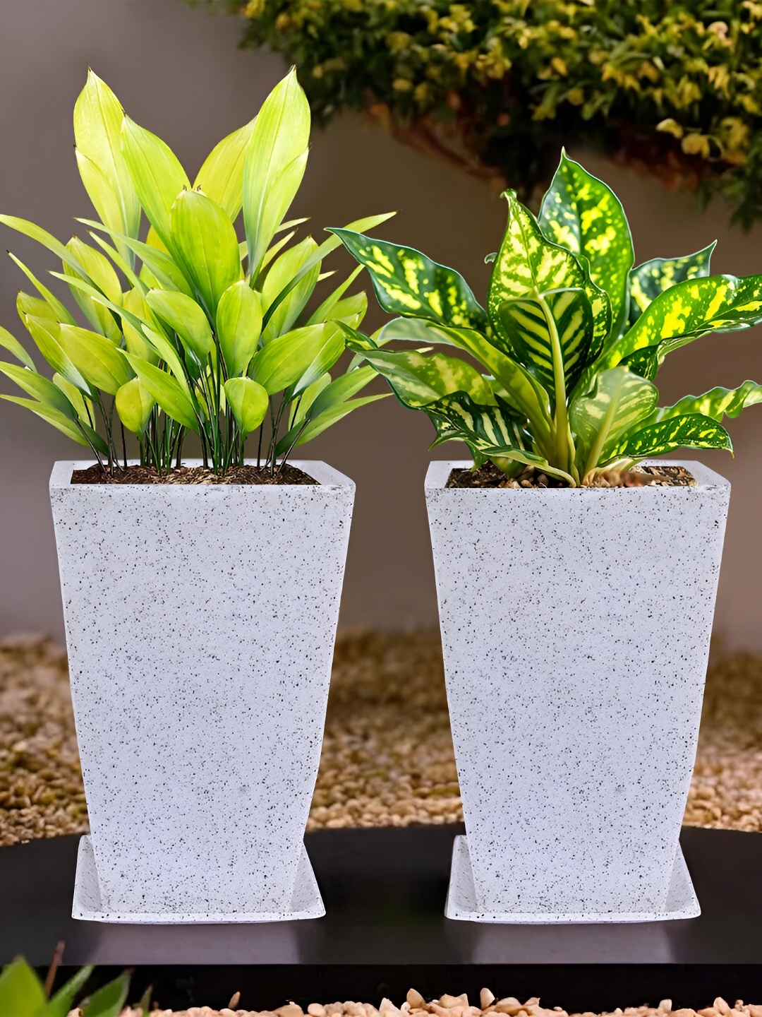 

Kuber Industries White 2 Pieces Marble Pot Planters With Tray