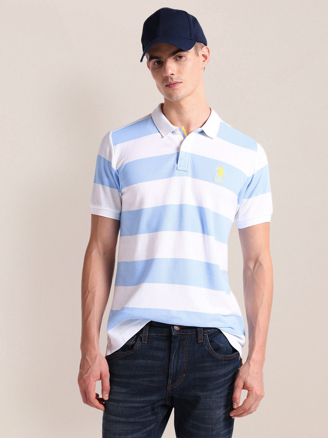 

U.S. Polo Assn. Striped Polo Collar Slim Fit Cotton T-shirt, Blue
