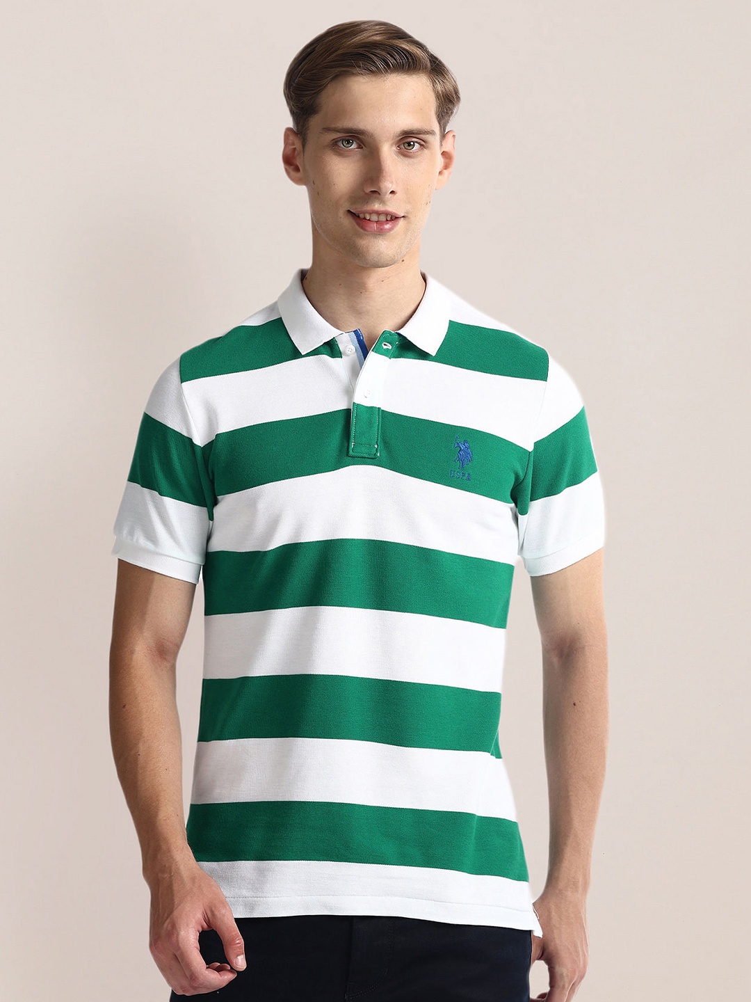 

U.S. Polo Assn. Striped Polo Collar Slim Fit Cotton T-shirt, Green