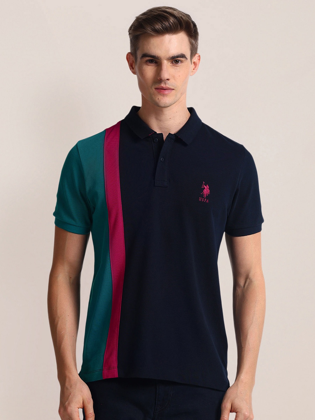 

U.S. Polo Assn. Colourblocked Polo Collar Slim Fit Cotton T-shirt, Blue