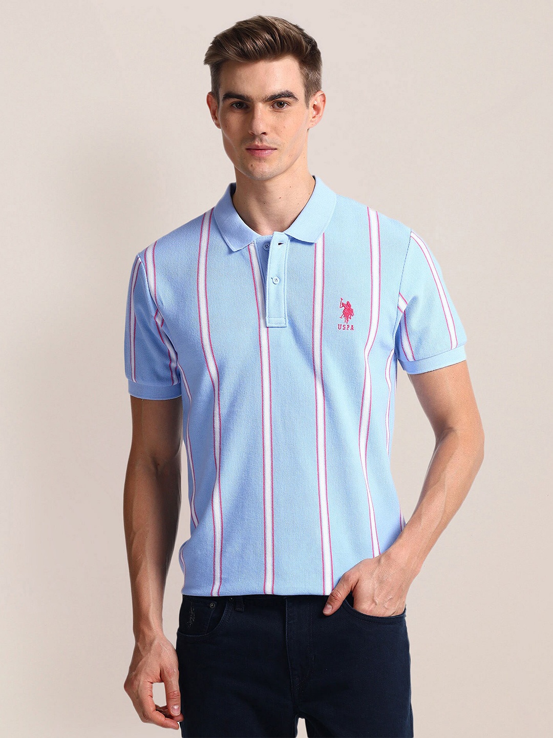 

U.S. Polo Assn. Striped Polo Collar Slim Fit Cotton T-shirt, Blue