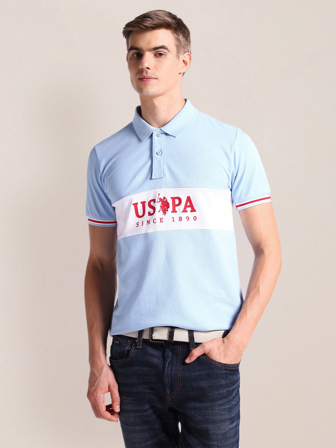 

U.S. Polo Assn. Brand Logo Printed Polo Collar Slim Fit Cotton T-shirt, Blue