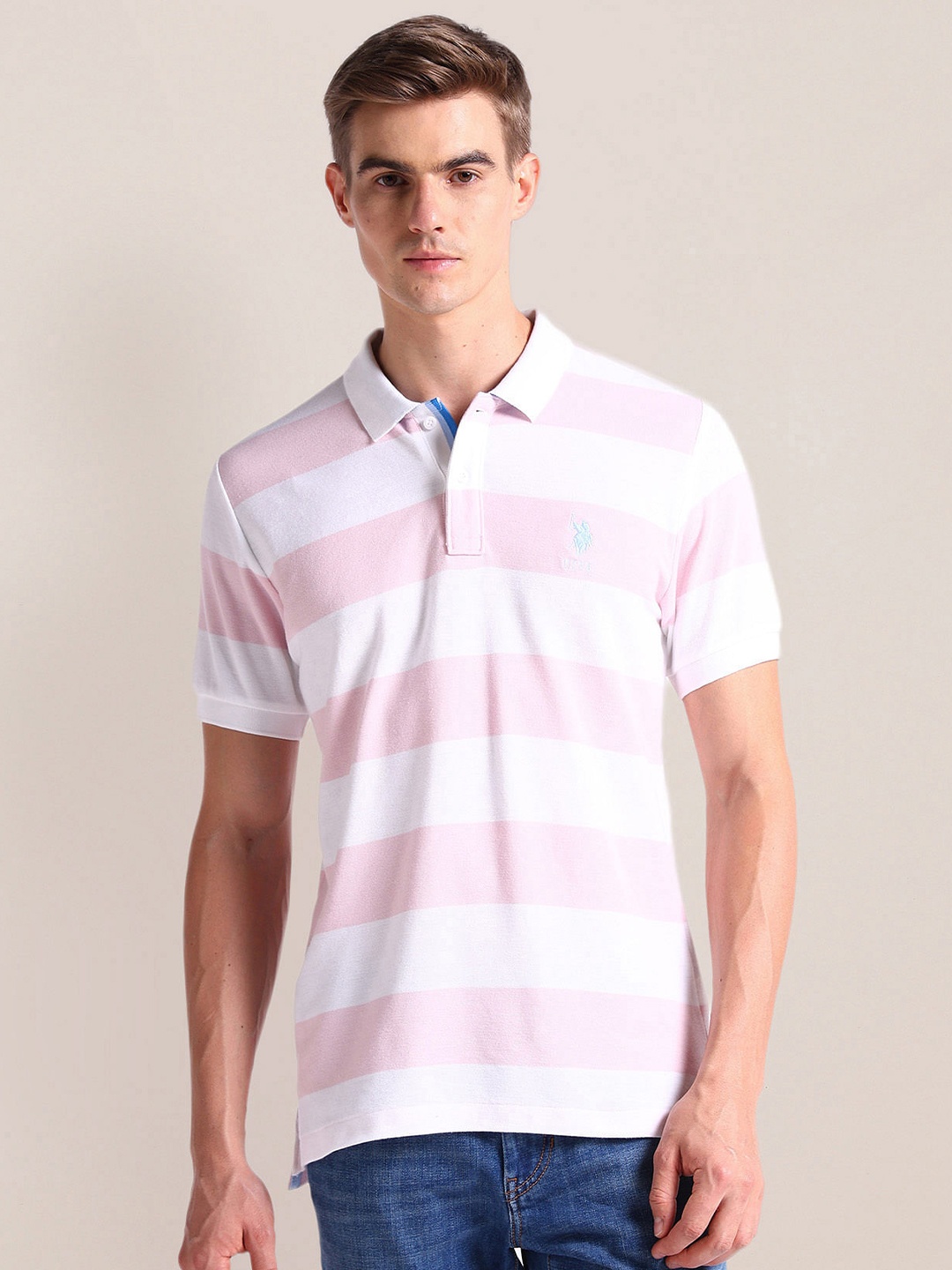 

U.S. Polo Assn. Striped Polo Collar Slim Fit Cotton T-shirt, Pink