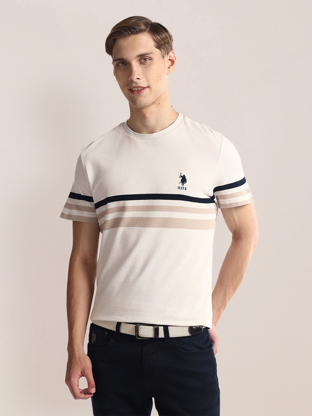 

U.S. Polo Assn. Striped Round Neck Slim Fit T-shirt, Beige
