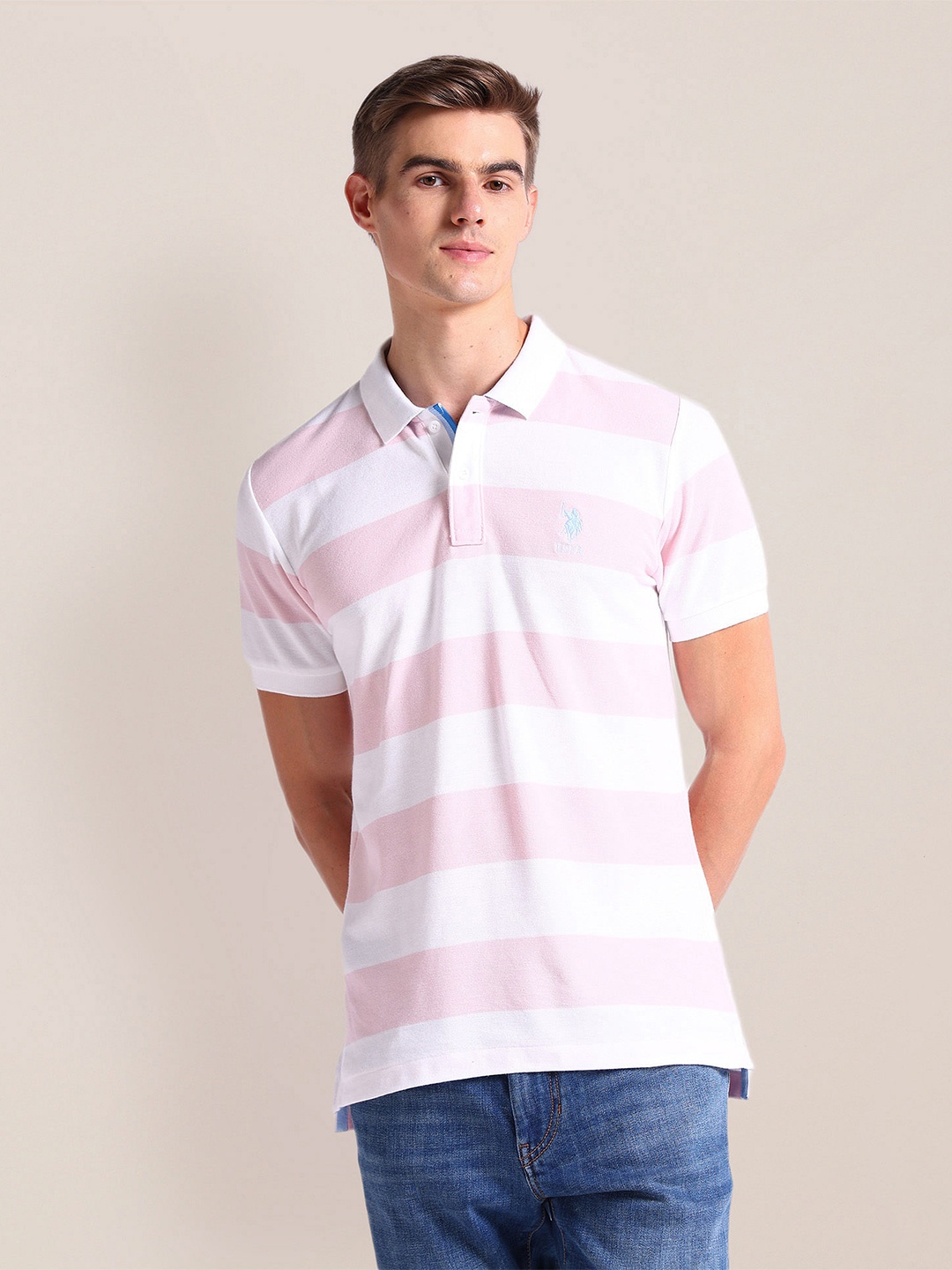 

U.S. Polo Assn. Striped Polo Collar Slim Fit Cotton T-shirt, Pink