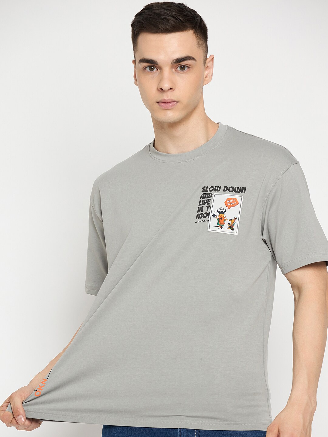 

Okane Typography Printed Cotton T-shirt, Grey