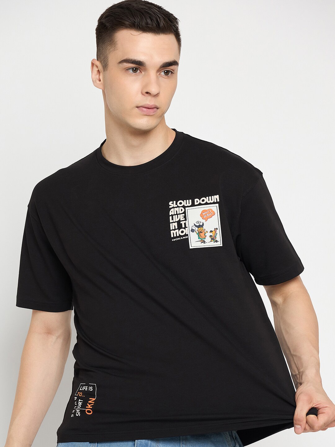 

Okane Typography Printed Cotton T-shirt, Black