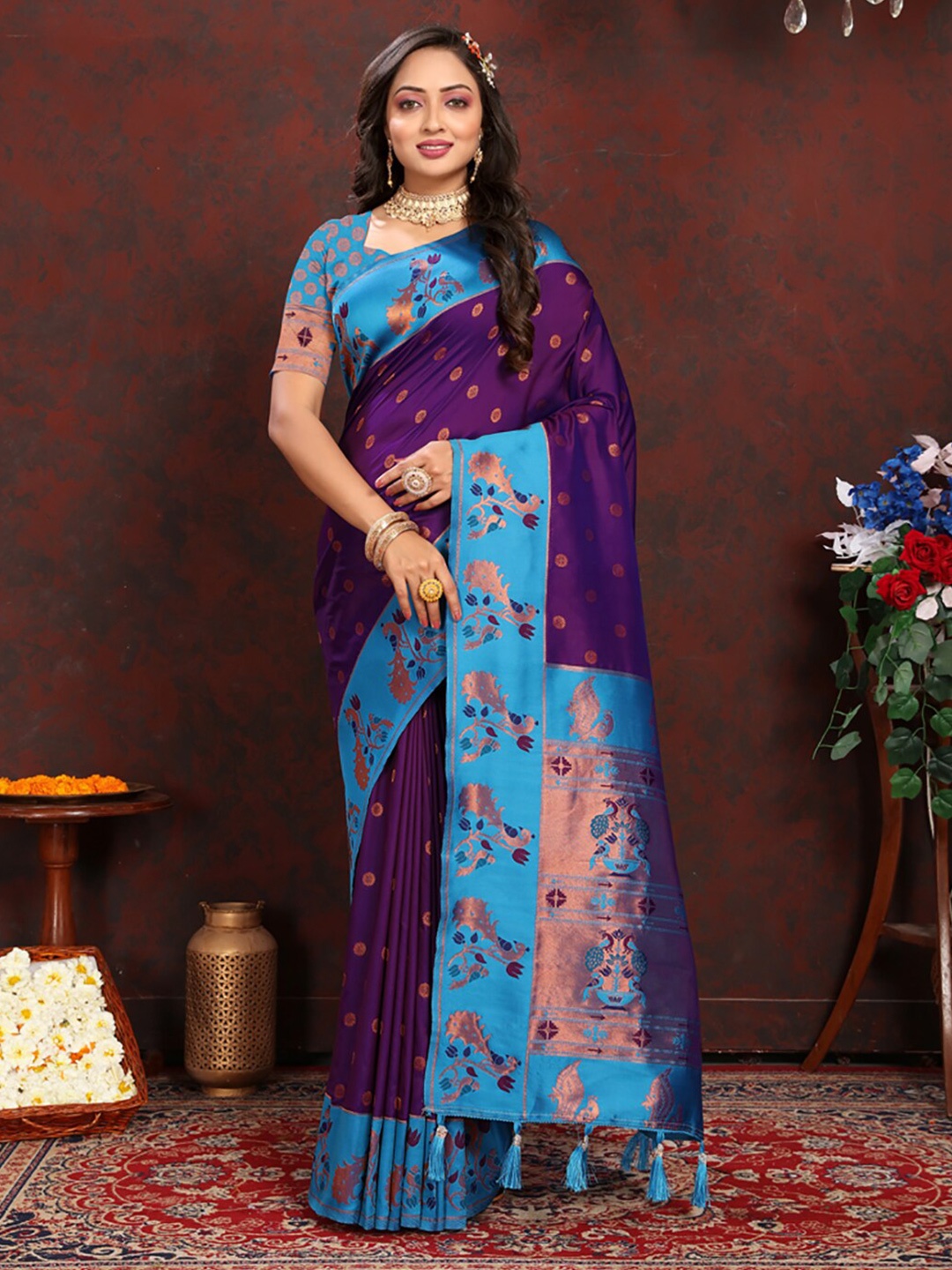 

KALINI Ethnic Motifs Woven Design Zari Paithani Saree, Purple