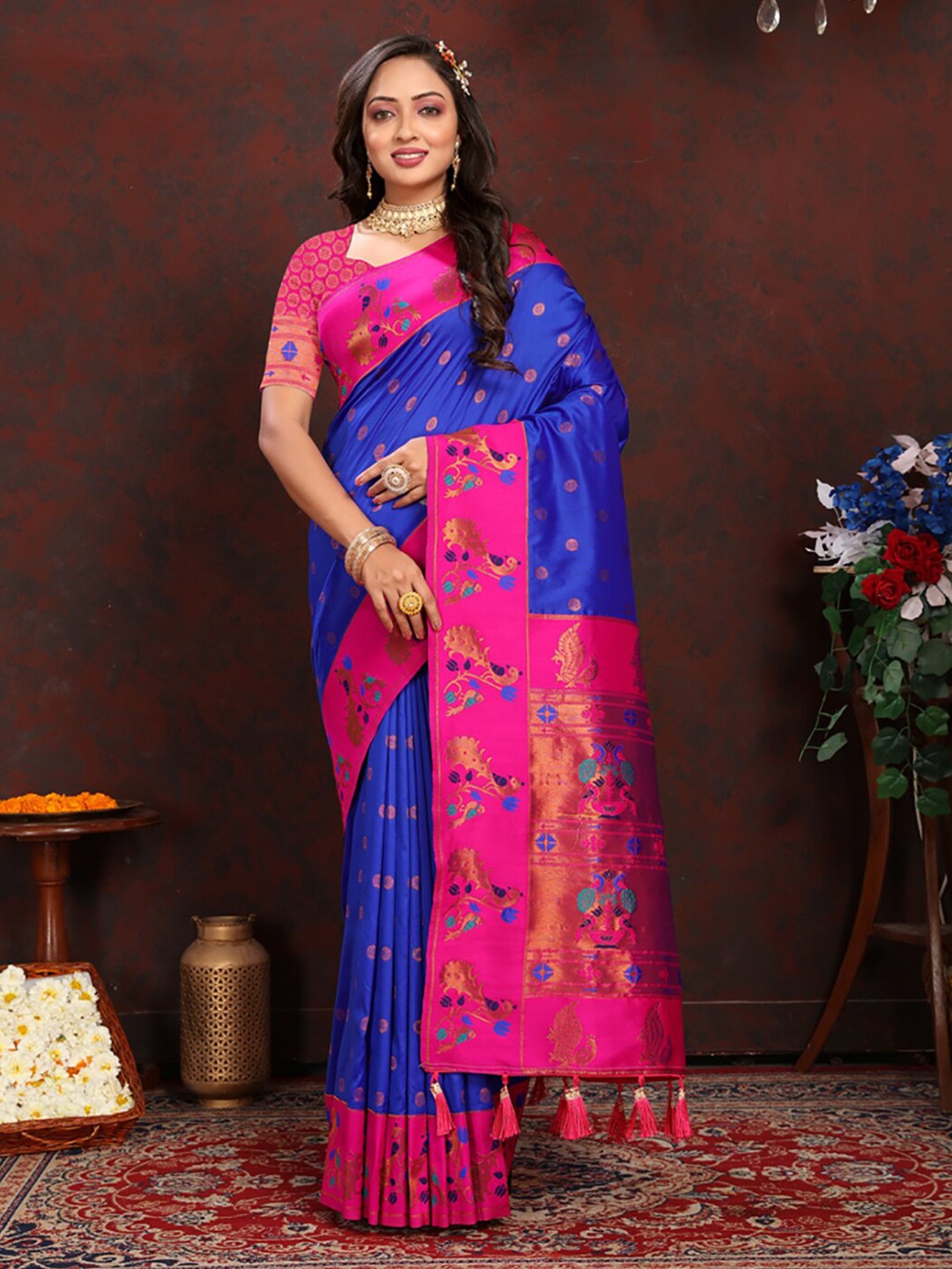 

KALINI Ethnic Motifs Woven Design Zari Art Silk Paithani Saree, Blue