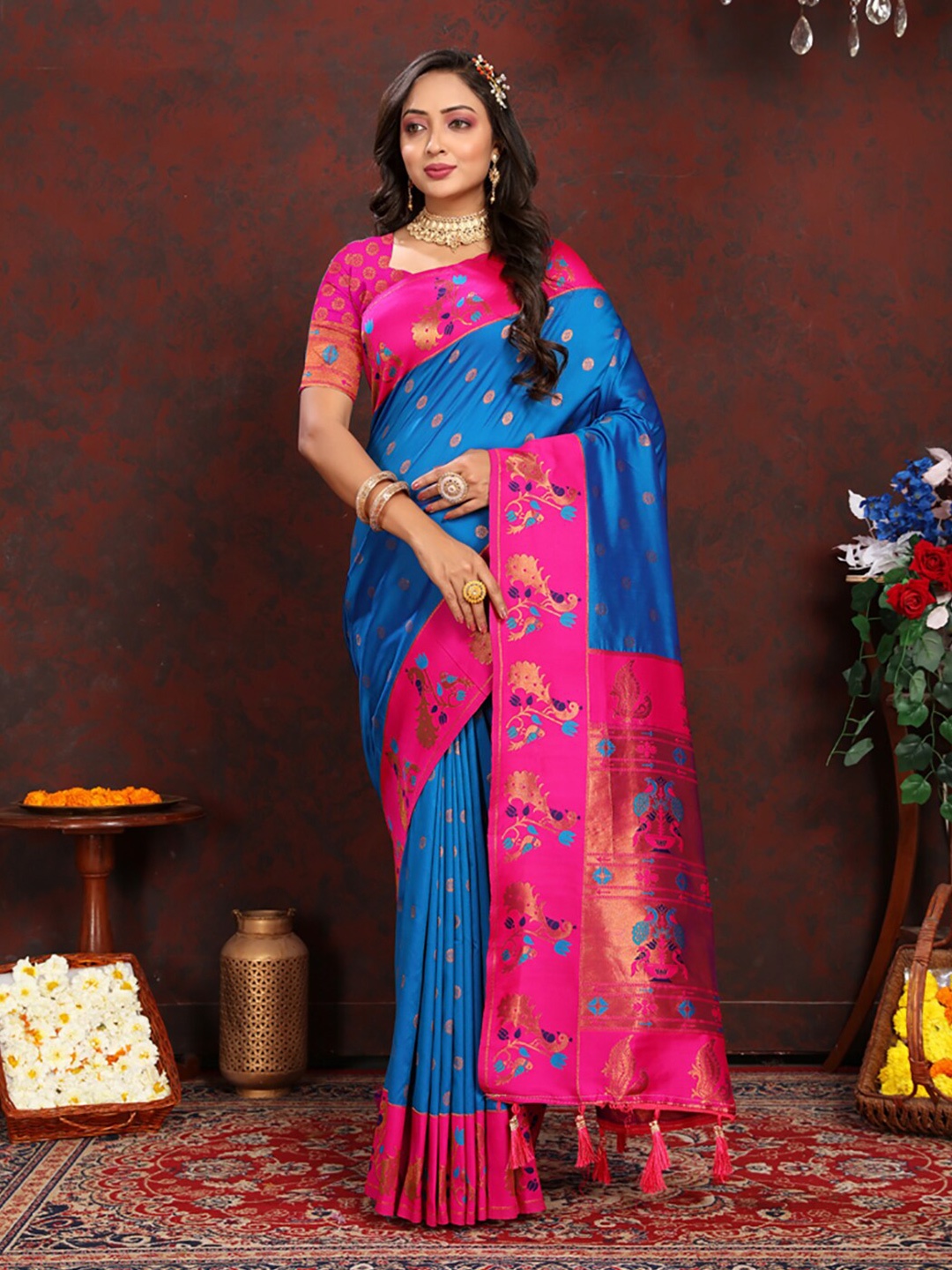 

KALINI Ethnic Woven Design Zari Art Silk Paithani Saree, Turquoise blue