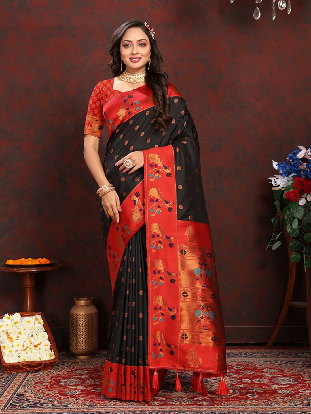 

KALINI Ethnic Motifs Woven Design Zari Art Silk Paithani Saree, Black