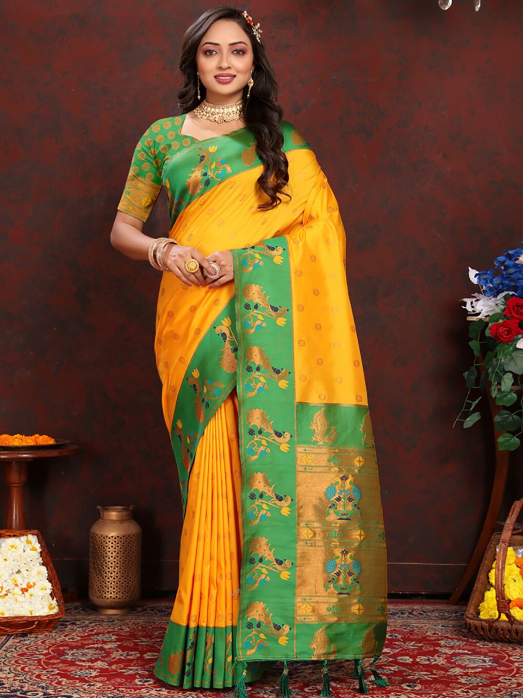 

KALINI Woven Design Zari Paithani Saree, Yellow