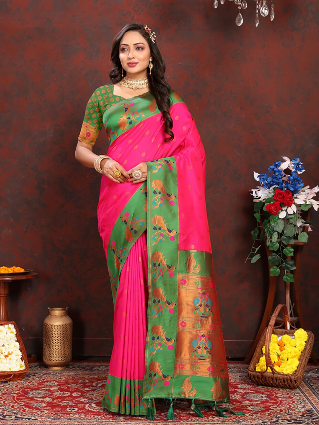 

KALINI Woven Design Zari Paithani Saree, Pink