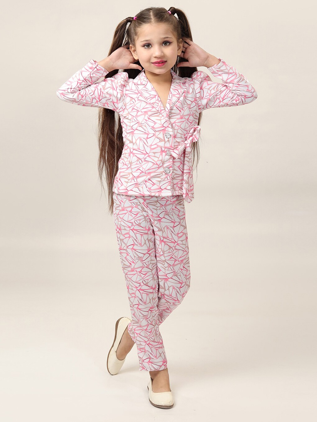 BAESD Girls Geometric Printed Lapel Collar Shirt With Palazzo, Pink