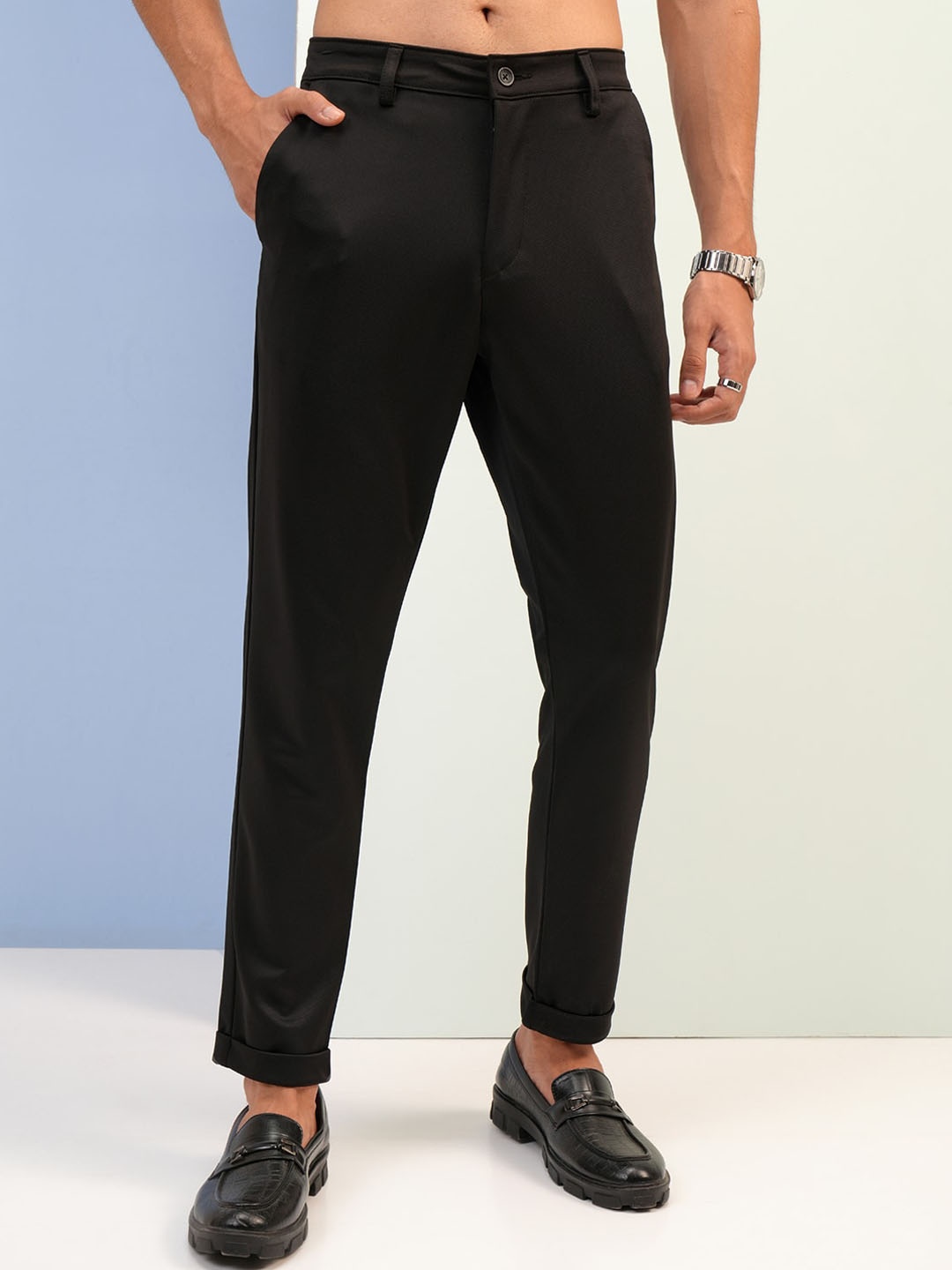 

HIGHLANDER Men Knitted Slim Fit Chinos Trouser, Black