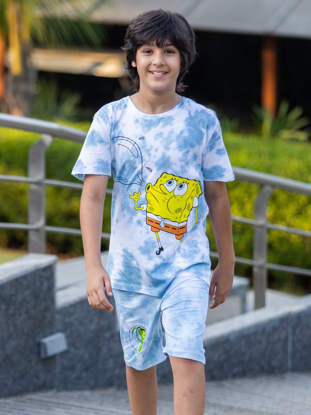 

Kids Unisex Spongebob Printed Tie & Dye Pure Cotton T-shirt with Shorts, Blue