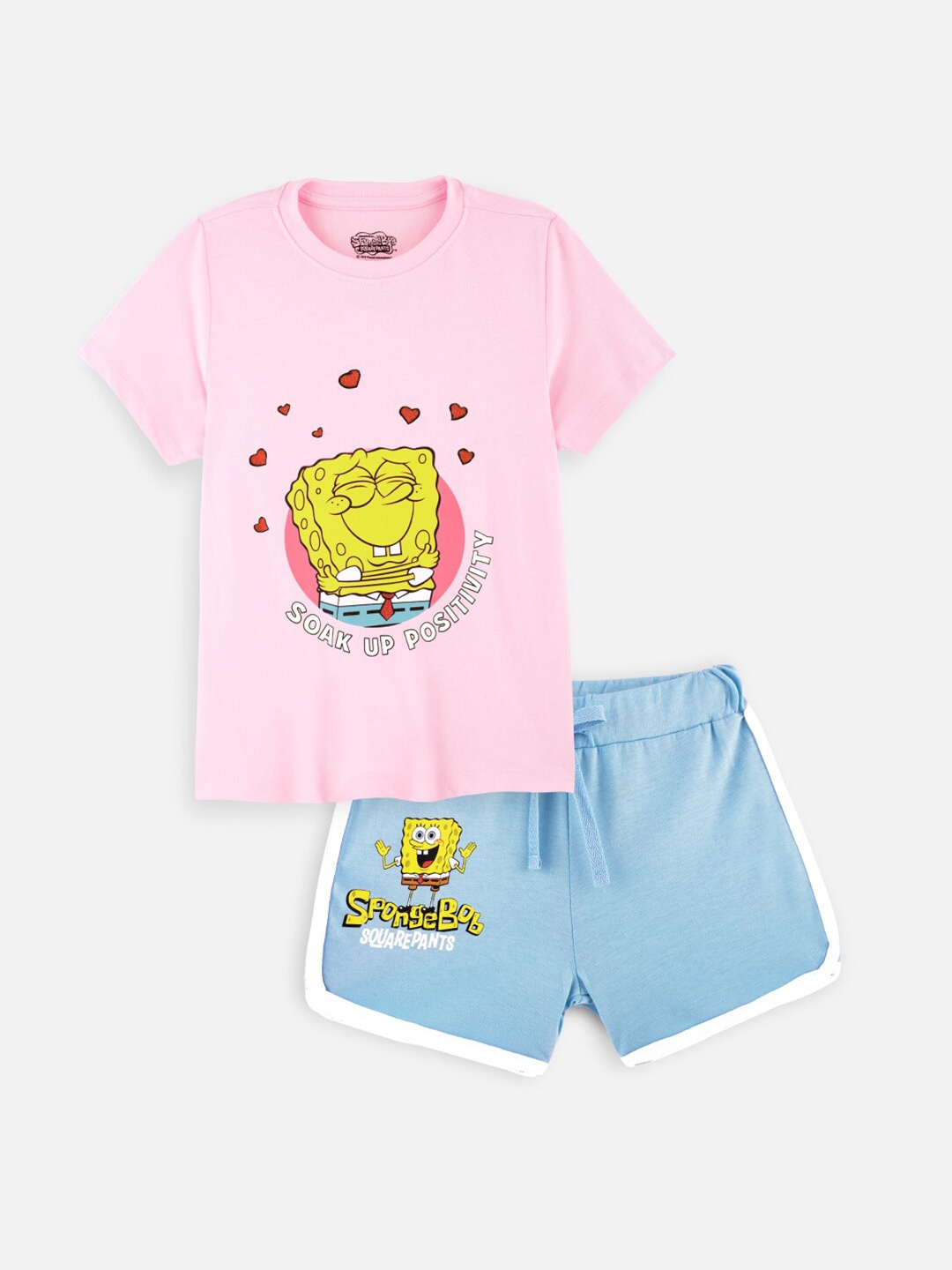 

Girls Spongebob Printed Pure Cotton T-shirt with Shorts, Pink