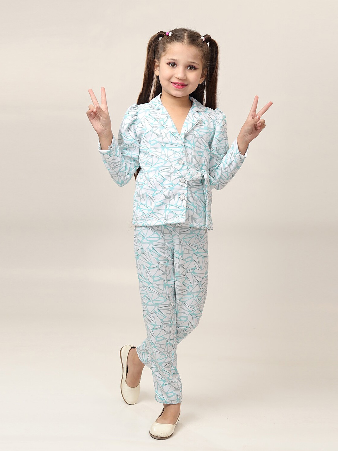 

BAESD Girls Geometric Printed Lapel Collar Shirt With Palazzo, Blue