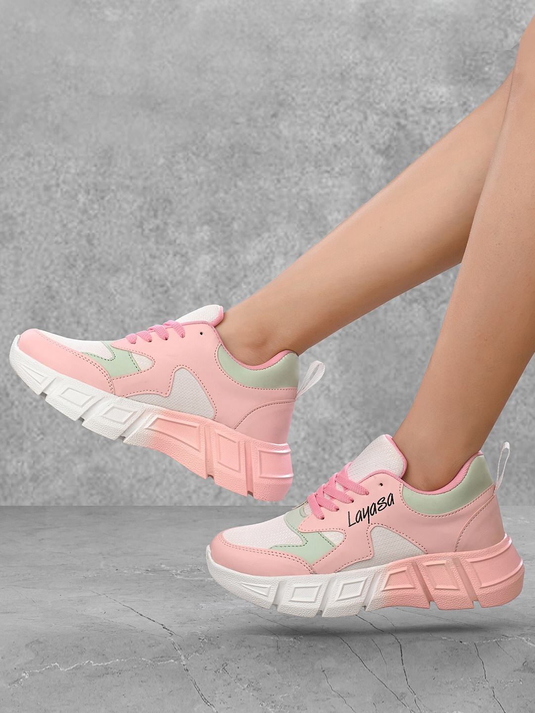

Layasa Women Textured Lace-Up Walking Shoes, Pink